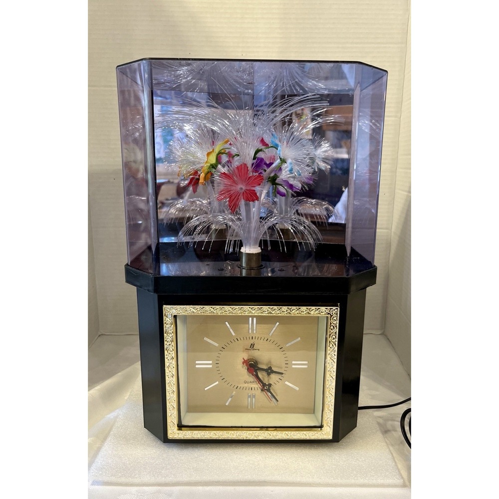 1980's Yirng Shehng Clock Fiber Optic Light Up Flower Decor Works, Rotating